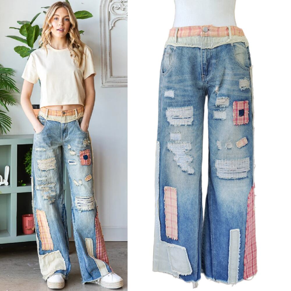 OH Oli & Hali Patch Detail Wide Straight Denim Pants Medium Boho Festival